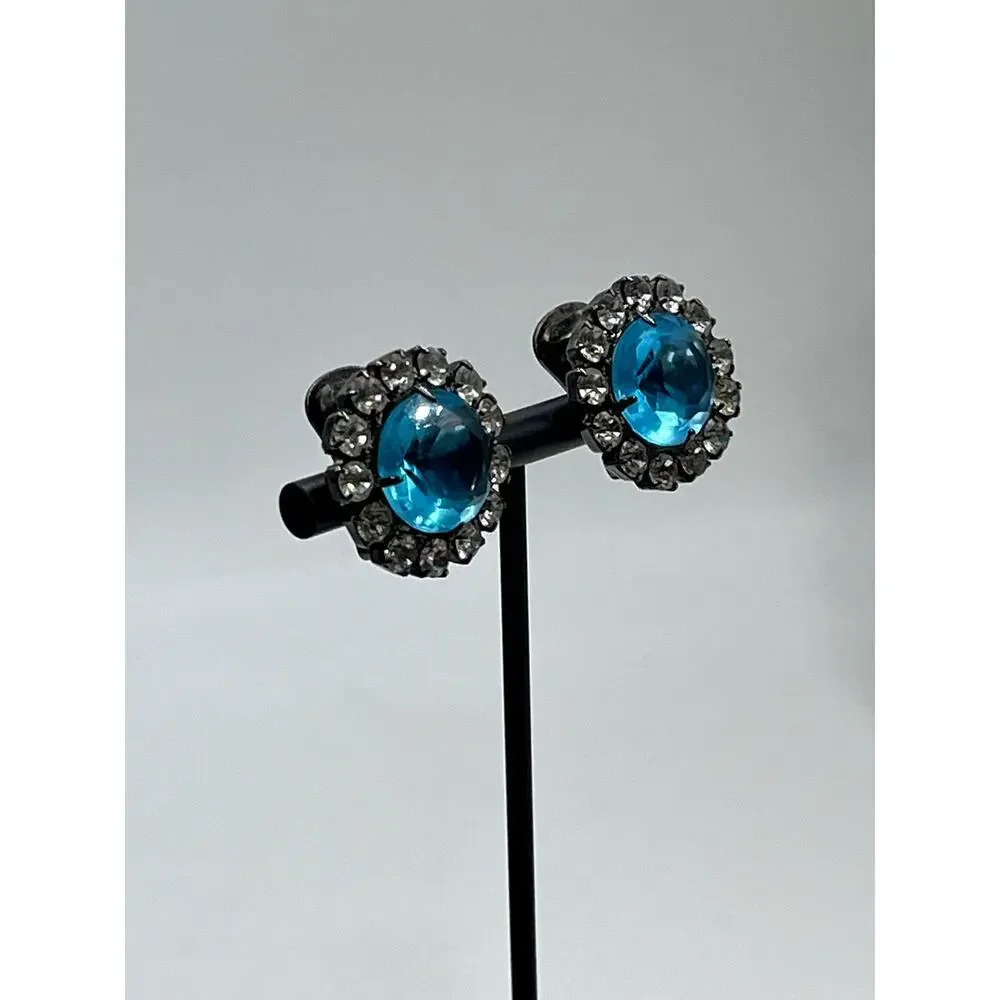 Kenneth Jay Lane Vintage Aquamarine Color Button Clip Gunmetal Earrings - Picture 3 of 12